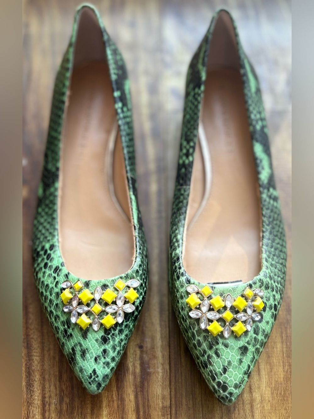 Banana Republic Women's Leather Green Snake Print Embellished Ballet Flats sz 9